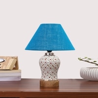 Devansh Conical Turquoise Jute Shade Lamp With Wood & Mosaic Glass Base For Decoration/Office/Home/Gifting/Study For Decoration/Office/Home/Gifting/Study -(10X10X14.5) Inches -A