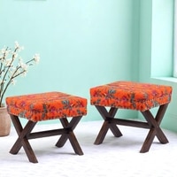 Rosslyn Sheesham Wood Set of 2 Ottoman Pouffees in Bird Print Orange Kantha, Dark Mahogany Finish