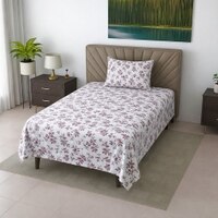 Yuri White Floral 290 TC Cotton Flat Single Size Bedsheet with 1 Pillow Cover – Threads