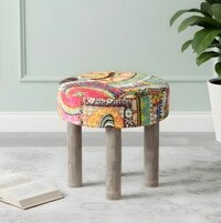 Kingsville Solid Wood Stool in Multi Colour Israel Print Kantha fabric