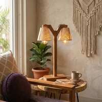 Elania Wooden Table Lamp with Brown Base and Premium White Fabric Lampshade