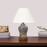 Devansh Off-White Cotton Straight Pleated Shade Lamp With Wood & Mosaic Glass Base For Decoration/Office/Home/Gifting/Study For Decoration/Office/Home/Gifting/Study