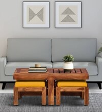 Lifty Sheesham Wood Nesting Coffee Table Set in Rustic  Teak Finish With Cushioned Stools