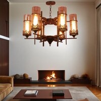 Eliante 6-Light Chandelier, Mild Steel, Glass And Wood, Modern Hanging Ceiling Light Fixture
