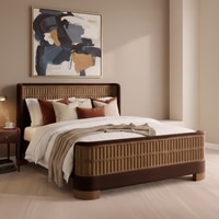Heritage Cane Upholstered Queen Size Bed in Linen With Oak wood Frame