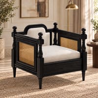 Rattan Solid wood Single Seater sofa in Black Finish in Ivory