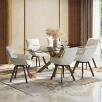 Zaida 6 Seater Dining Table With Set Of 6 Bren Swivel Dining Chairs (Colour- Ivory, Finish- Glass)