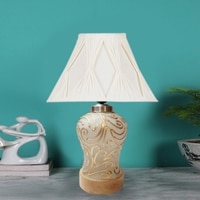 Devansh Off-White Curtain Pleated Cotton  Shade  Lamp With  Wood & Mosaic Glass Base For Decoration /Office/Home/Gifting/Study For Office/Home/Gifting -(12X12X16) Inches -