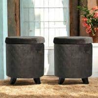 Orl o Solid Wood Accent Round Set of 2 Ottomans in Iron Grey Velvet Upholstery   Storage