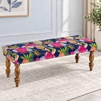 Cairo Sheesham Wood Mid-Century 3 Seater Dining Bench in Fruit Print Blue Kantha