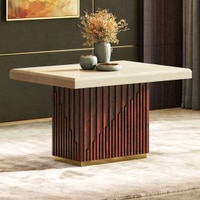 Gabriele Onyx Composite Solid Wood 4 Seater Pedestal Dining Table In Clear Teak Finish