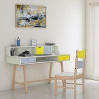 Samara Solid Wood Large 2 Level Study Desk with Drawers Shelves and Tapered Frame in Davy Grey Sunshine Yellow Colour