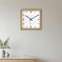 Spaces Unhooked Square Wooden Wall Clock, Natural Wood Frame, White Dial and Minimal Numeric Markers
