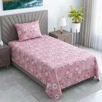 Pink Floral 290 Tc  Cotton Flat  Single Bedsheet With 1 Pilllow Cover