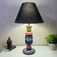 Pillar Antique Black Pink Stone Wooden Table Lamp in Multicolor