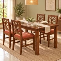 Globally Indian Vallari Solid Sheesham Wood 4 Seater Dining Table Set 4 Chairs Terracotta Orange