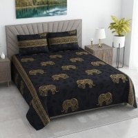 Wira Dark Blue Floral 400 TC Cotton Flat Double Queen Size Bedsheet with 2 Pillow Covers – Threads