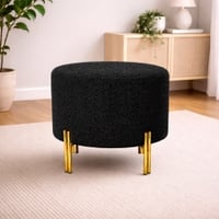 Doe Buck Premium Boucle Round Ottoman in Matte Black Colour with Polished Gold Legs