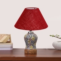Devansh Conical Maroon Jute Shade Lamp With Wood & Mosaic Glass Base For Decoration/Office/Home/Gifting/Study For Decoration/Office/Home/Gifting/Study -(10X10X14.5) Inches -A