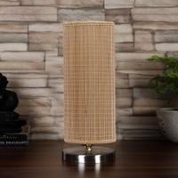 Round Cylindrical Bamboo Table Lamp with Steel Base