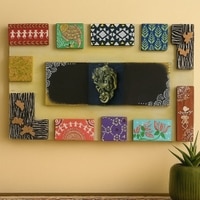 Multi Color Wooden Wall Art Panel with hand made God's idol Cone Art Work of Marble Dust and Clay