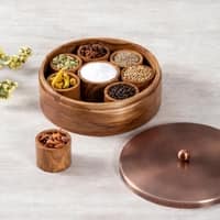 Classic Acacia Wood Masala Box Copper
