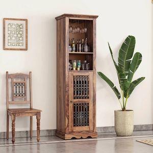 Bunai Solid Wood Free Standing Bar Cabinet In Teak Finish