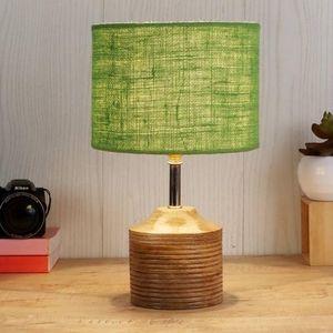 Geraldine Green Natural Fiber Shade Table Lamp with Natural Wooden Base