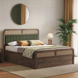Hanoi Solid Wood + Cane Queen Size Hydraulic Storage Bed In Danish Walnut Finish, Fabric Deep Olive