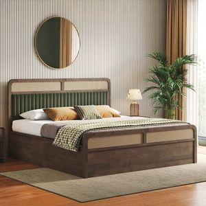 Hanoi Solid Wood + Cane King Size Hydraulic Storage Bed In Danish Walnut Finish, Fabric Deep Olive