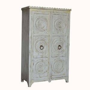 Franklin solid wood wardrobe cabinet in white distress with carving