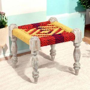 Riaza Sheesham Wood Maachi Stool in Assorted Multi-Colour Chindi & Yellow Rope Canning