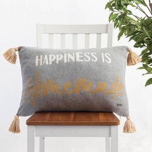 Happiness is Homemade Cotton Knitted Decorative Cushion Cover in Light Grey Color (40 cm X 60 cm)