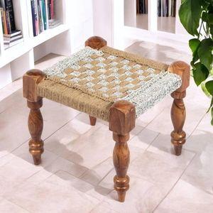 Riaza Sheesham Wood Maachi Stool in Natural Jute & Silver Rope Canning