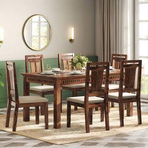 Fidora 6 Seater Dining Table With Set Of 6 Martha Dining Chairs Set Of 2 (Colour- Wheat Brown, Finish- Teak)