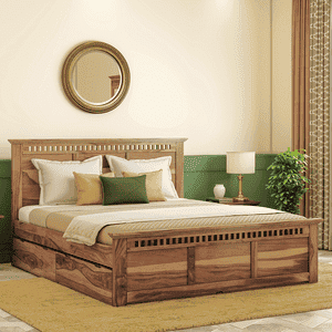Fidora Solid Wood King Size Drawer Storage Bed In Teak Finish