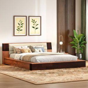 Mahe Solid Wood King Size Bed In Dual Tone With Ancient Ivory Leatherette
