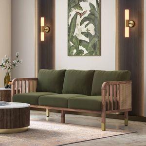 Taran 3 Seater Wooden Sofa in Deep Olive Velvet Colour