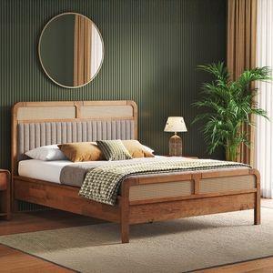 Hanoi Solid Wood Cane Queen Size Nonstorage Bed In Amber Walnut Finish Fabric Shitake Beige