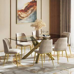 Zaida 6 Seater Glass Dining Table With Set Of 6 Olivia Dining Chairs Colour- Cloudy Beige Velvet Finish- Glass