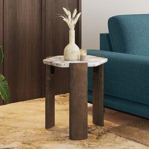 Kanso Hexagon Toronto Marble and Solid Wood Side Table in Danish Walnut Finish