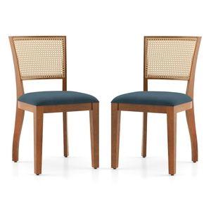 Reed Solid Wood Dining Chair Set Of 2 In Finish Amber Walnut And Colour Night Blue Velvet