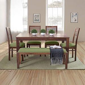 Oribi Dining Bench In Teak Finish With Avocado Green Fabric