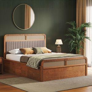 Hanoi Solid Wood + Cane Queen Size Hydraulic Storage Bed In Amber Walnut Finish, Fabric Shitake Beige Fabric
