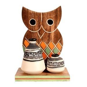 Wall Decor Owl Shelf with 2 Pots Handcrafted in Wood (6.5x4x9.2)