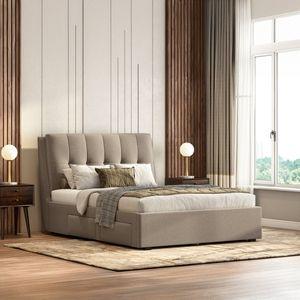 Bornholm Engineered Wood Queen Size Drawer Storage Upholstered Bed In Shitake Beige Colour