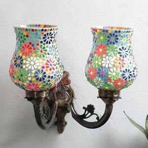 Troy Antique Metal Double Wall Mounted Lamp with Multicolor Mosaic Glass