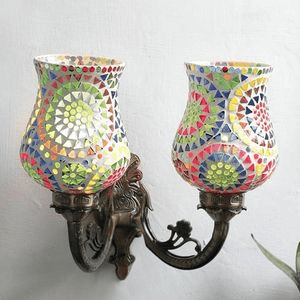 Inis Antique Metal Double Wall Mounted Lamp with Multicolor Mosaic Glass