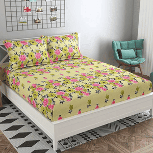 Carmen Green Floral 160 TC Cotton Double Size Bedsheet with 2 Pillow Covers