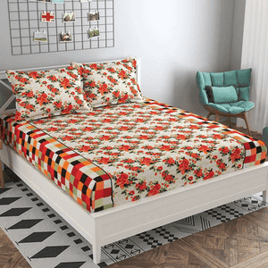 Carla Orange Floral 160 TC Cotton Double Size Bedsheet with 2 Pillow Covers